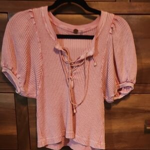 Free People Red Ribbed Puff Sleeve Blouse with Ruffled Tie Front